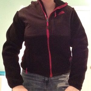 black North Face jacket with pink trim